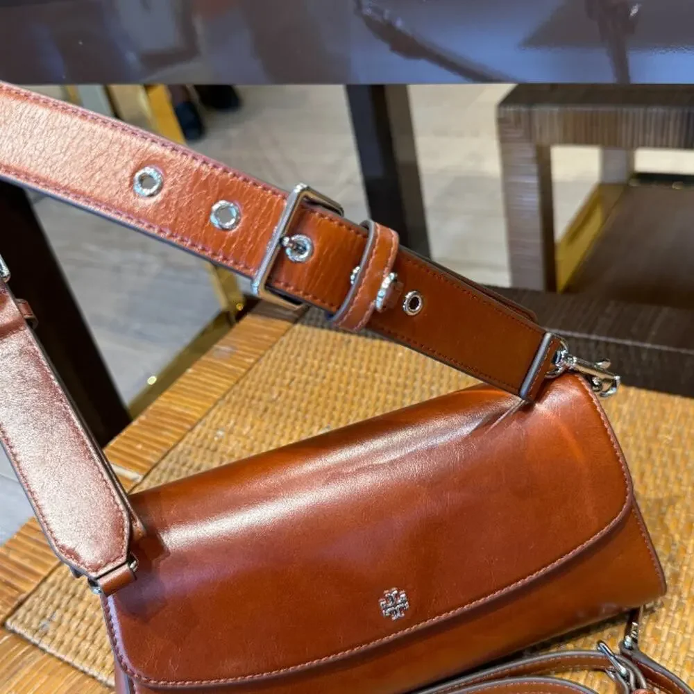 Tory Burch Rory Glazed Flap Shoulder Bag 177319 $625 Aged Brown
